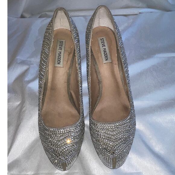 STEVE‎ MADDEN Dyvinal Platform Rhinestone Silver Jeweled Heels - Size 10 - Picture 2 of 15